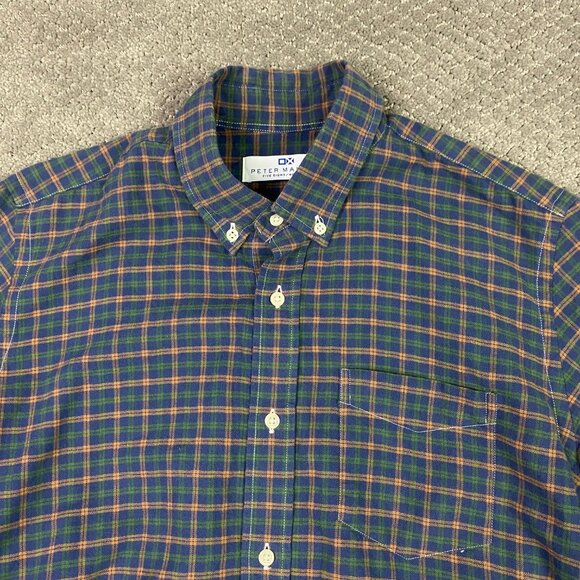 Peter Manning Lightweight Flannel Button Down Shirt Mens Size 2 Plaid Blue Green - Picture 2 of 14